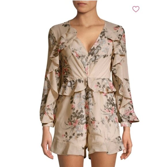 EUC Few Moda Beige Floral Whimsical Long Sleeve Shorts Romper With Ruffles, XS - Picture 1 of 9